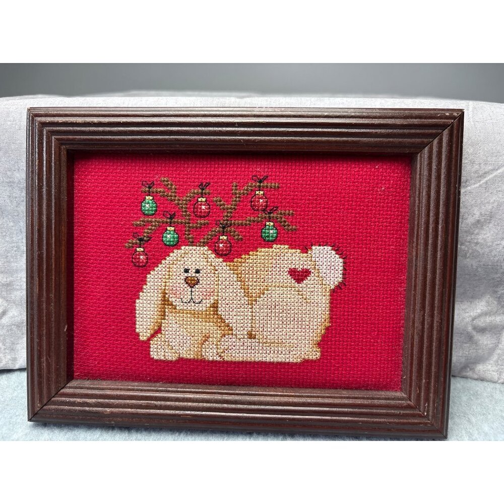 8" x 6"Framed Cross Stitch Bunny Ornament Antlers on Red Background